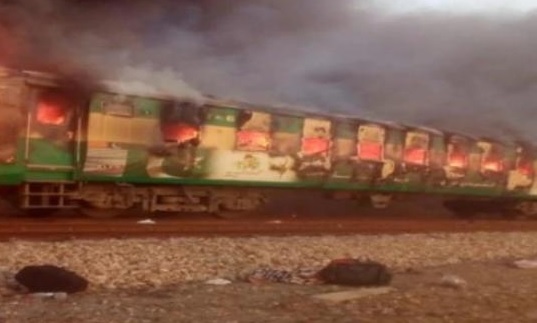 65 killed in massive fire on moving train in Pak