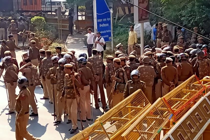 Pictures: Heavy police deployment outside JNU campus ahead of protest march to Parliament