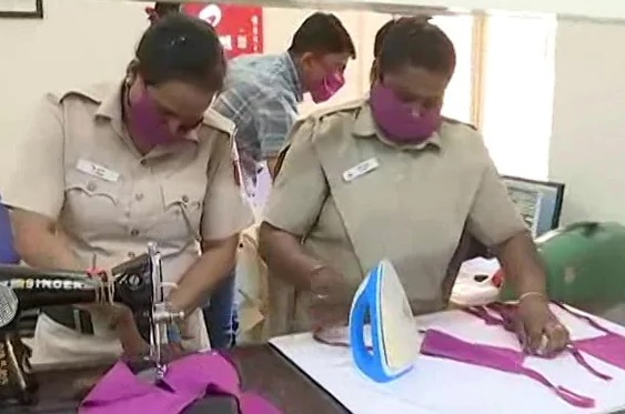 Delhi Police women personnel make masks, sanitisers