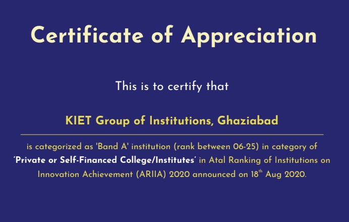 ARIIA 2020- KIET Group ranked among top 25 institutions in Band ‘A’